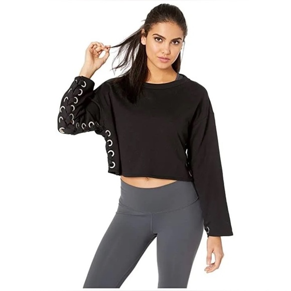 Alo Yoga Suspension Lace-up Cropped Pullover Sweater, Black, Size Medium - Picture 1 of 13